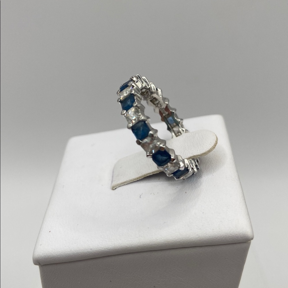 Sterling Silver Princess Cut Simulated Sapphire & Diamond Eternity Band Ring 7 - Picture 3 of 9